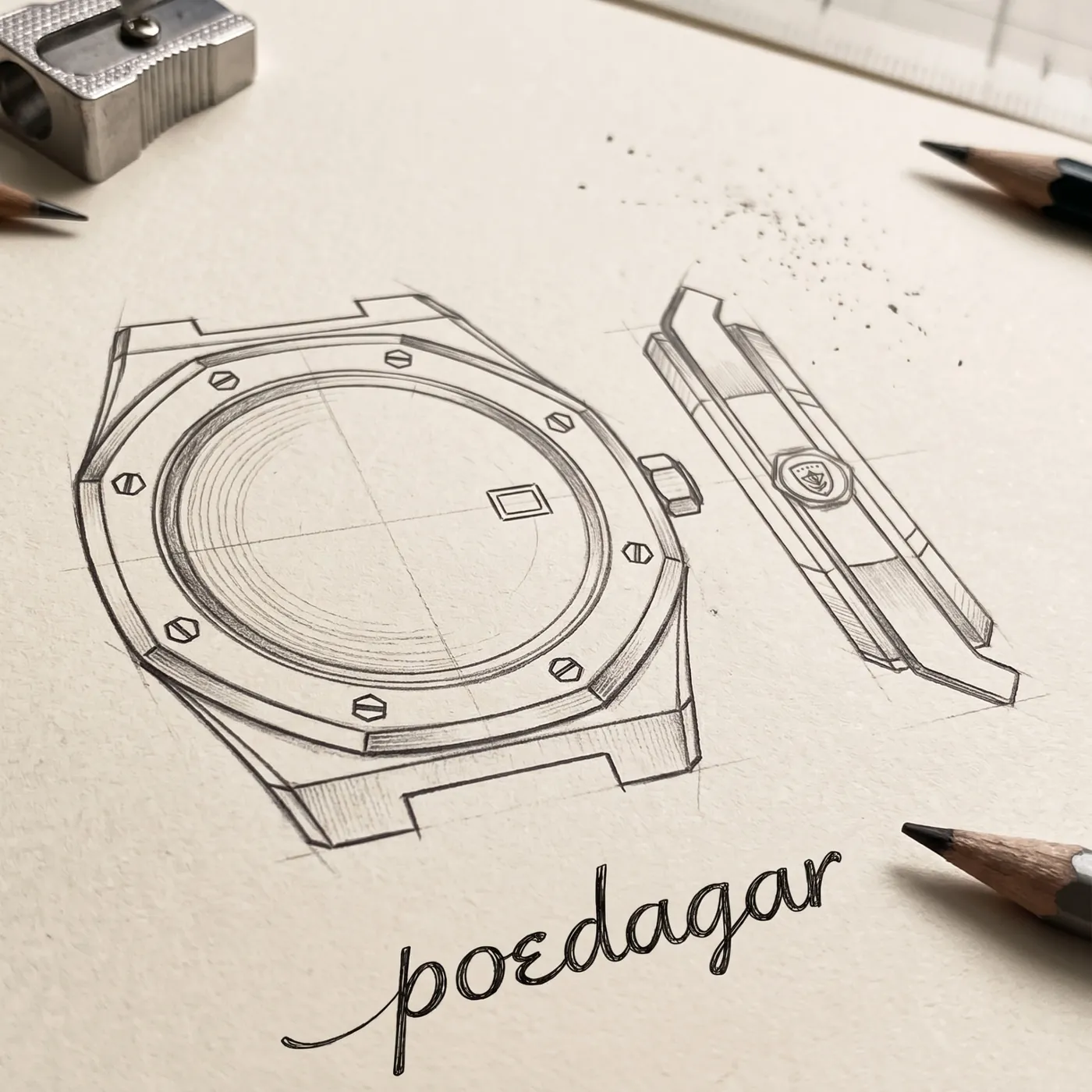 Schiță de design a unei carcase de ceas, semnată poedagar